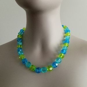 Hand Crafted beaded crystal summer statement necklace blue and lime green new